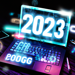 A futuristic laptop with holographic screen displaying a blog post draft, surrounded by digital icons representing the year 2023.
