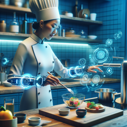A confident Asian female chef using state-of-the-art AI-powered culinary tools in a futuristic kitchen.