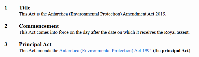 A sample of the starting sections of an amendment New Zealand Act - sections 1-3 Antarctica (Environmental Protection) Amendment Act 2015.