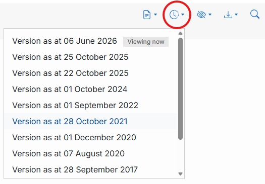 versions of legislation dropped down from the clock icon