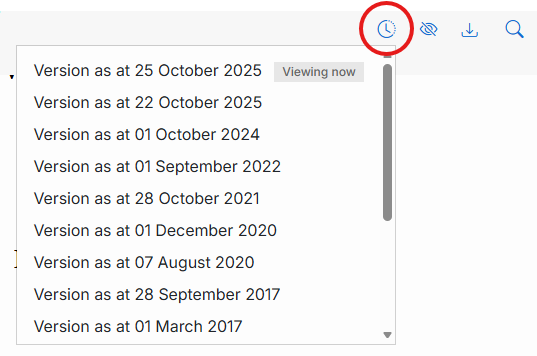 versions of legislation dropped down from the clock icon