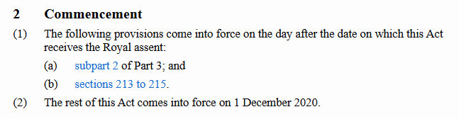 An example of a commencement section. Some provisions come into force on the day after Royal assent, and the rest of the Act on a set date.