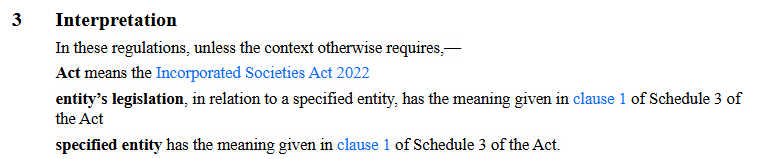 A sample of an interpretation clause in New Zealand secondary legislation.