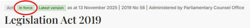The heading of an Act with its legislation status highlighted as an example- Legislation Act 2019