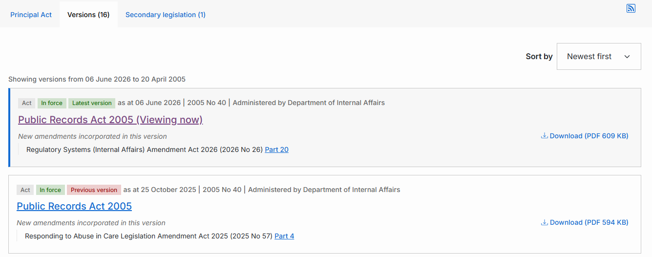 Versions tab of Public Records Act showing 2 versions