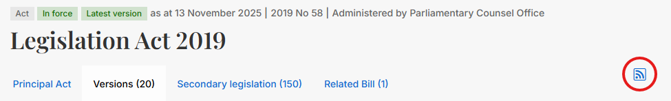 An Act's version tab, with the feed symbol highlighted at right.