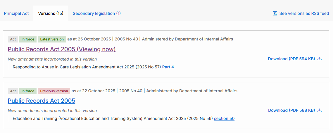 Versions tab of Public Records Act showing 2 versions of 15