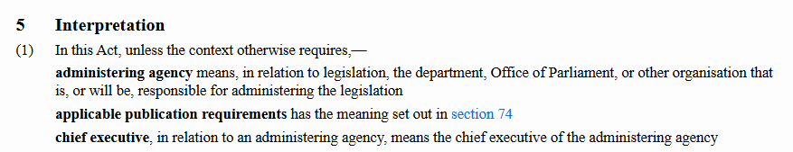 A sample of an interpretation section of a New Zealand Act - section 5 Legislation Act 2019.