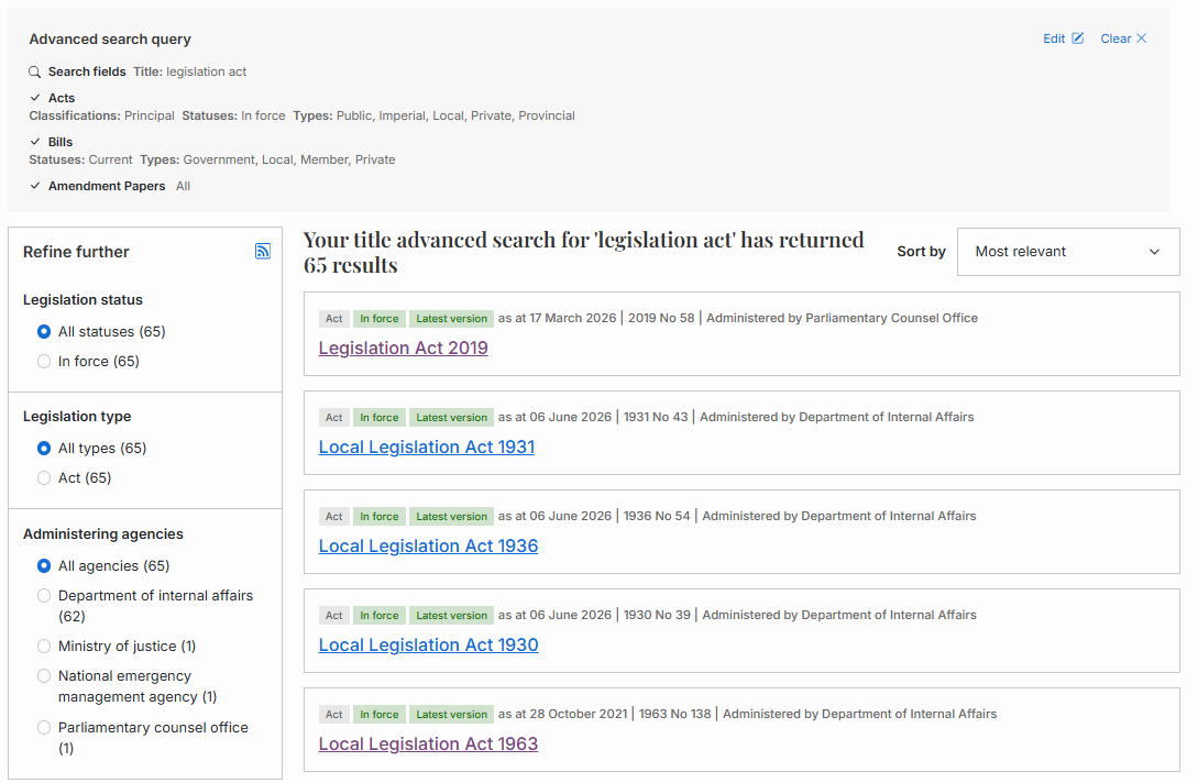 an example of the search results page, showing the query, filter options, and a list of results 