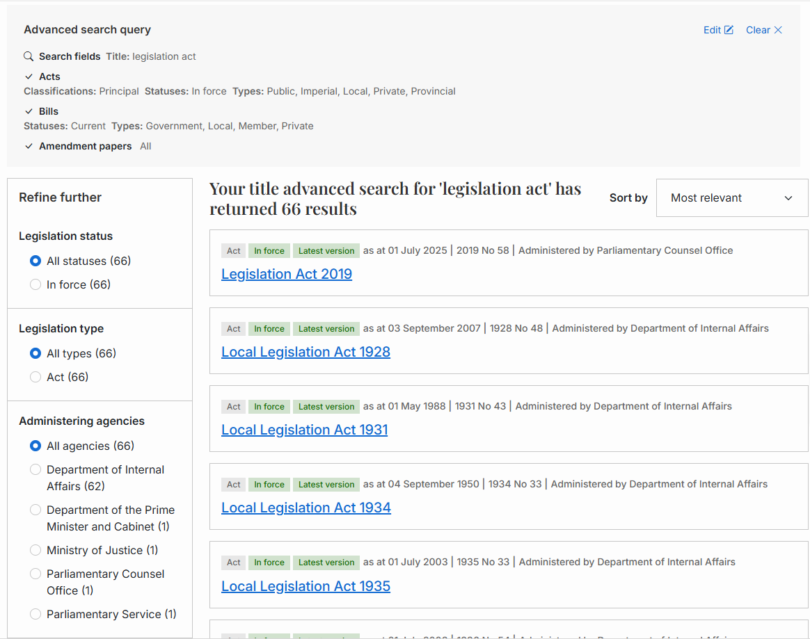an example of the search results page, showing the query, filter options, and a list of results 
