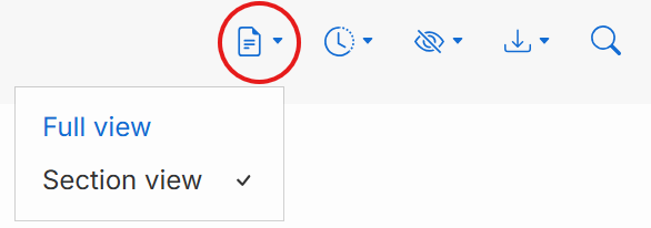 The legislation header with elements now showing as icons, and Section view, the first element, highlighted.