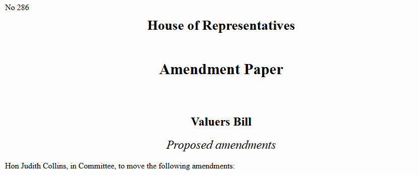 A sample of an Amendment Paper heading related to a New Zealand bill.