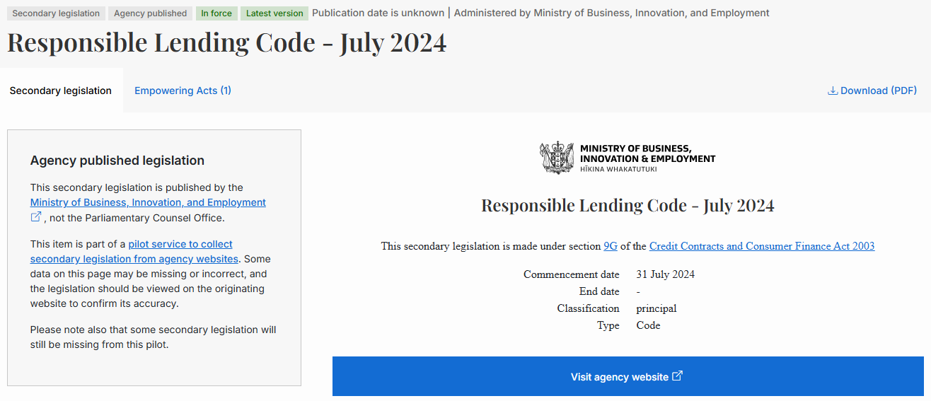 The tabs for the Responsible Lending Code - July 2024, labelled Secondary legislation (selected), Empowering Acts