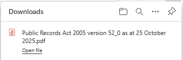 A sample notification that you might receive on downloading a PDF of New Zealand legislation, including the file name, version, and date.