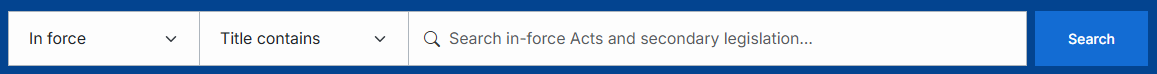 The Global search bar, showing default options "In force" and "Title contains", the field for entering search text, and the Search button