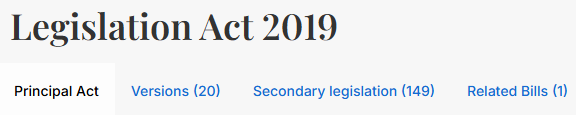 The tabs for the Legislation Act, labelled Principal Act (selected), Versions, Secondary legislation, Related Bills