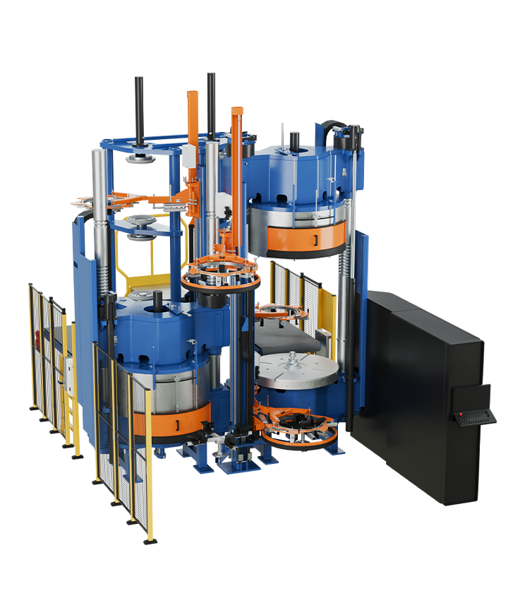 Tyre curing press with two stations, safety fencing, and vertical lifting systems.