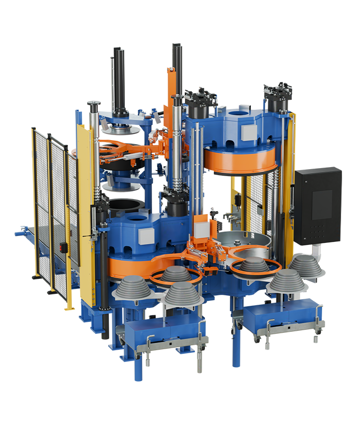 Mehrstation‑Reifenheizpresse mit vier Formen, Geländern und zentraler Hebetechnik.