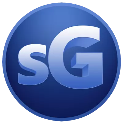 A circular gradient dark blue to light blue logo with white in center that states sG.