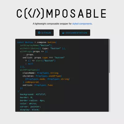 A centered logo of the word Composable and underneath it is some source code within a black box.