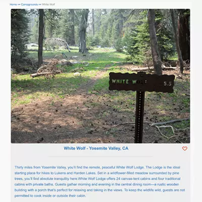A screenshot of a reviewed campground within the Yelp Camp application.