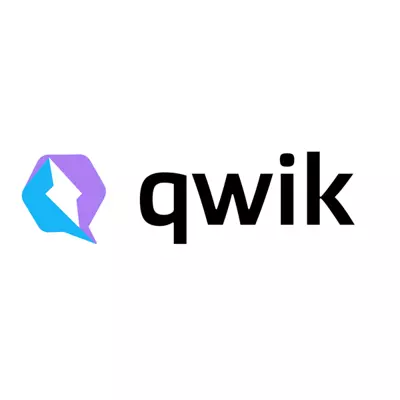An octagonal blue and purple logo with a white lightning bolt inside of it. Off to the right side of the logo is the word "qwik" written in black.