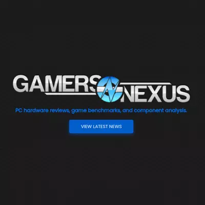 A centered logo that contains white text which states GamersNexus with a button underneath that states: View Latest News.