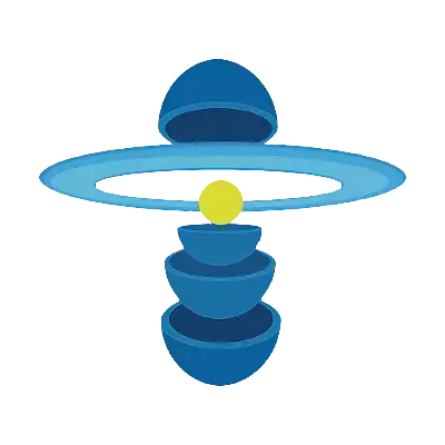 A blue planet that has been dissected horizontally to show a top blue layer, a light blue surrounding ring, an inner yellow core, and 3 overlapping blue layers.