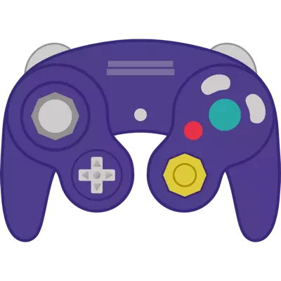 A cartoony logo of a purple Game Cube controller.