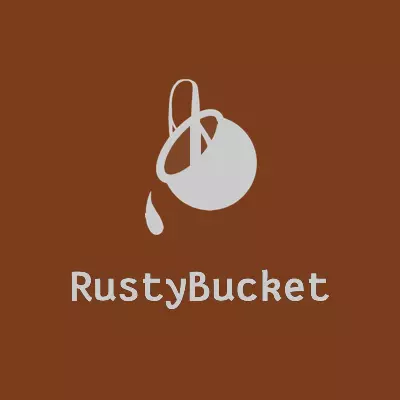 A red-brown background with an off-white bucket pouring liquid on to the word RustyBucket,