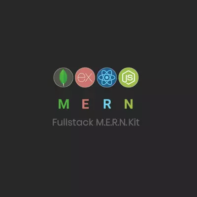 A dark grey background square with a centered logo with 4 circlular logos of: Mongodb, Express, ReactJS and NodeJS. Underneath those logos is the text M, E, R, N that corresponds their respective circle logos.