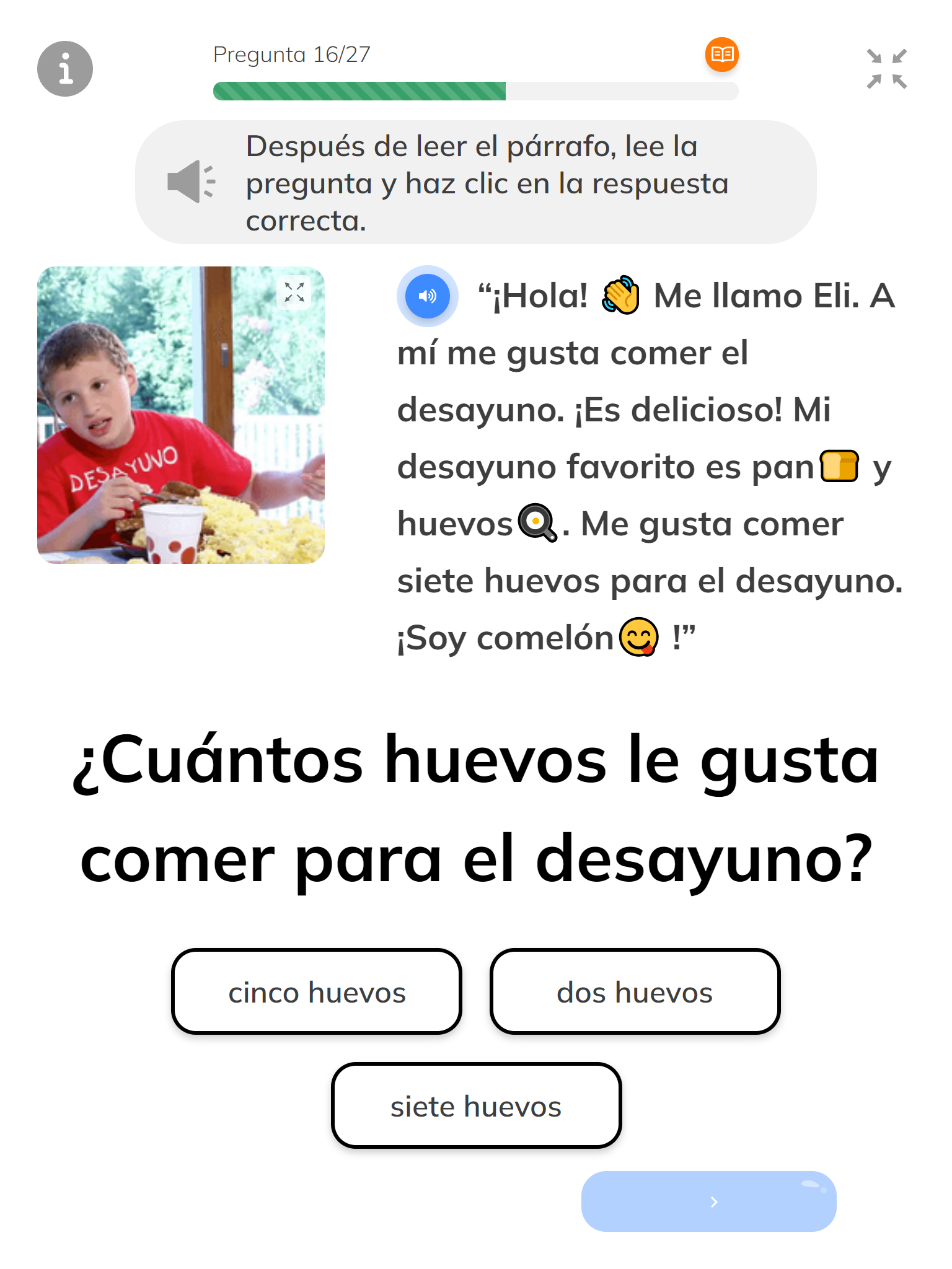 Screenshot of an HL reading comprehension question with the UI all in Spanish