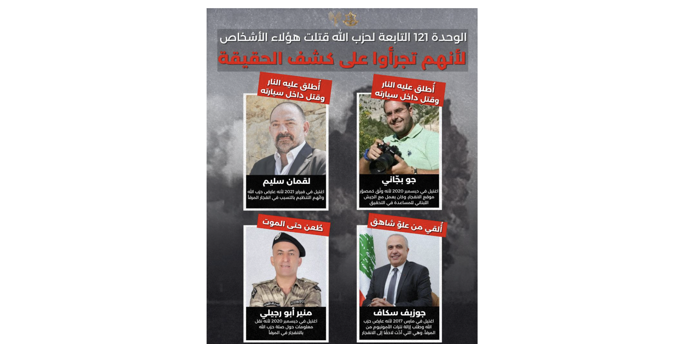 إسرائيل تزعم : "هؤلاء اغتالهم "حزب الله" على خلفيّة انفجار المرفأ"