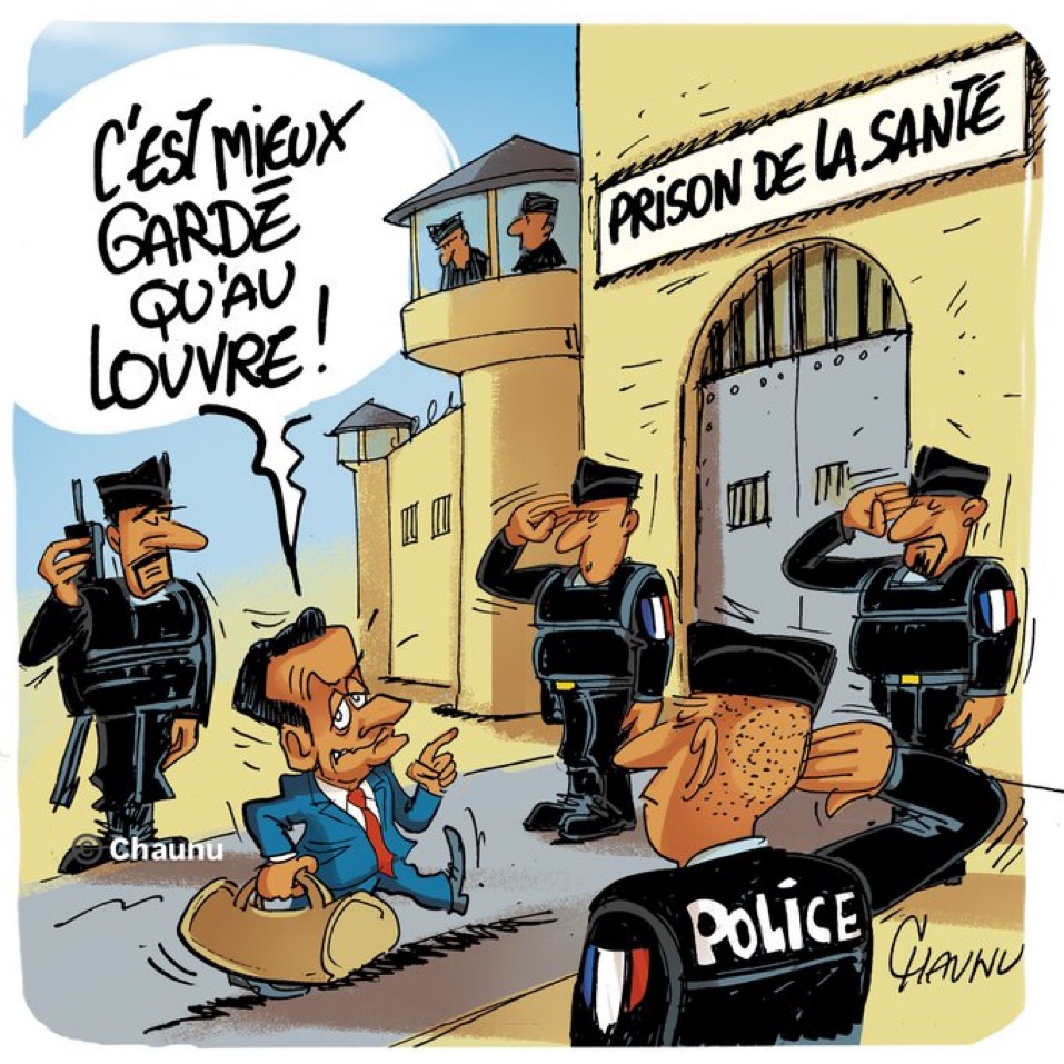 كاريكاتور يجمع بين سجن ساركوزي وسرقة المجوهرات من متحف اللوفر