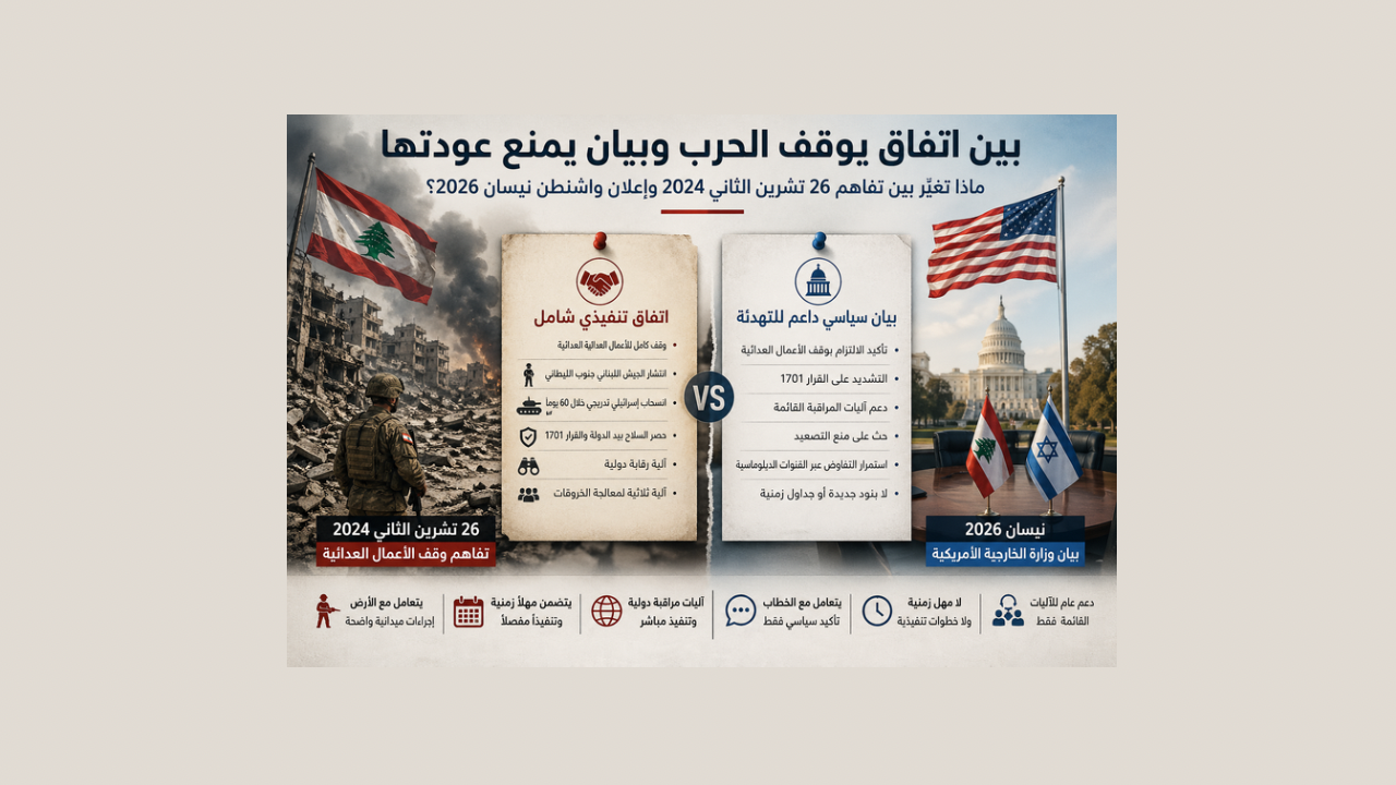 بين اتفاق يوقف الحرب وبيان يمنع عودتها: ماذا تغيّر بين تفاهم 2024 وإعلان واشنطن 2026؟