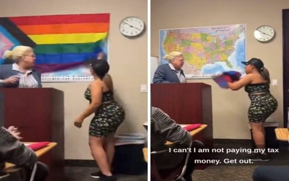 حصد آلاف المشاهدات.. فيديو لأم أميركية تقتحم صفّ ابنها وتمزّق علم المثليين 