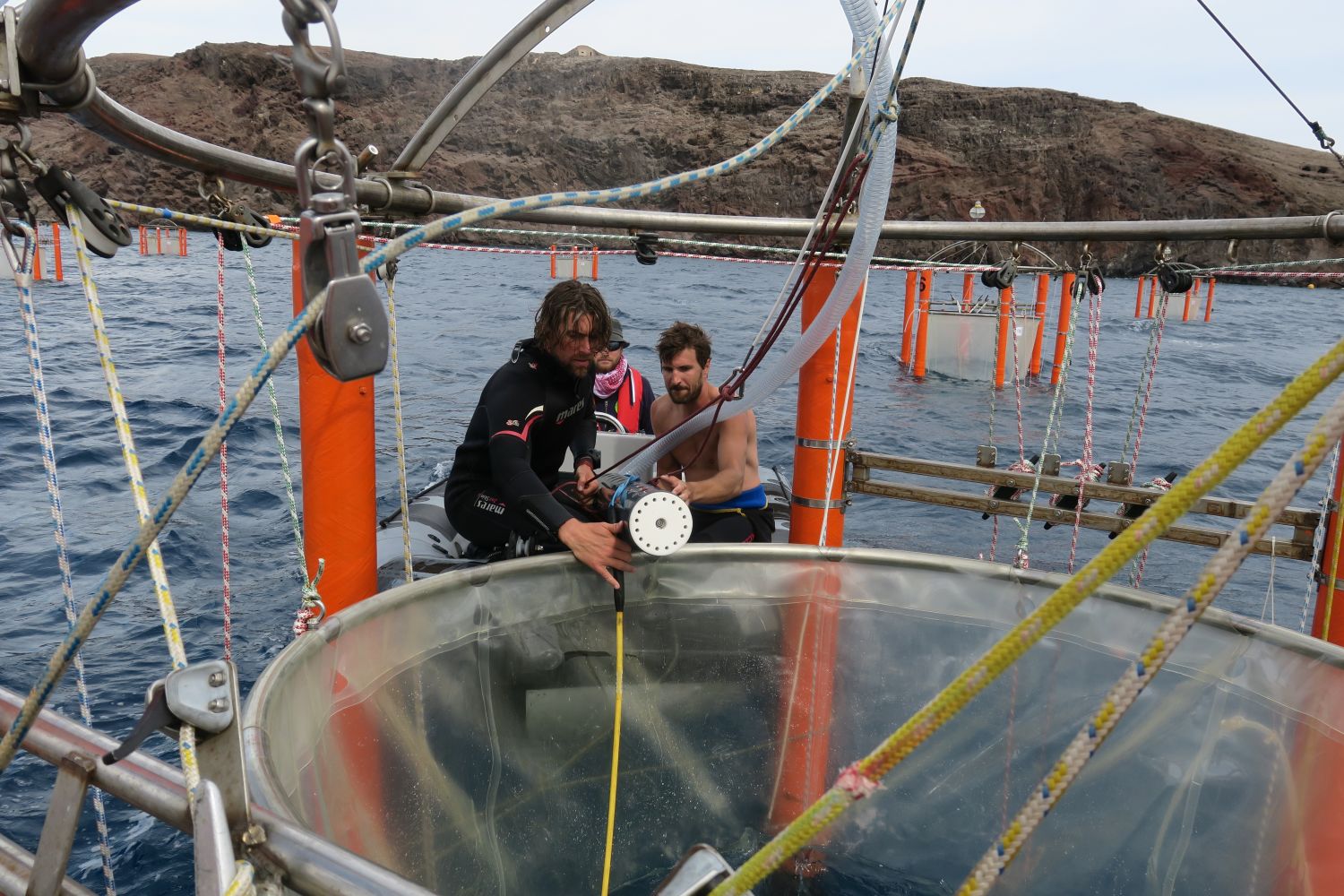 Lifting the heavy underwater pump into a mesocosm (2018-10-22)