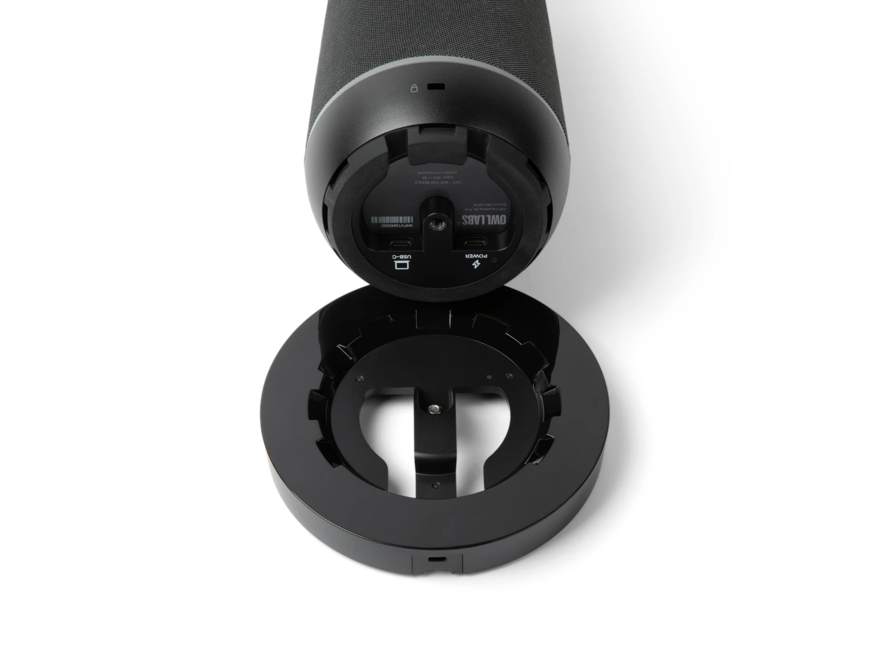 Meeting Owl 4+ Stand Laying flat with Meeting Owl 4+ tilted above it to show the stand connection
