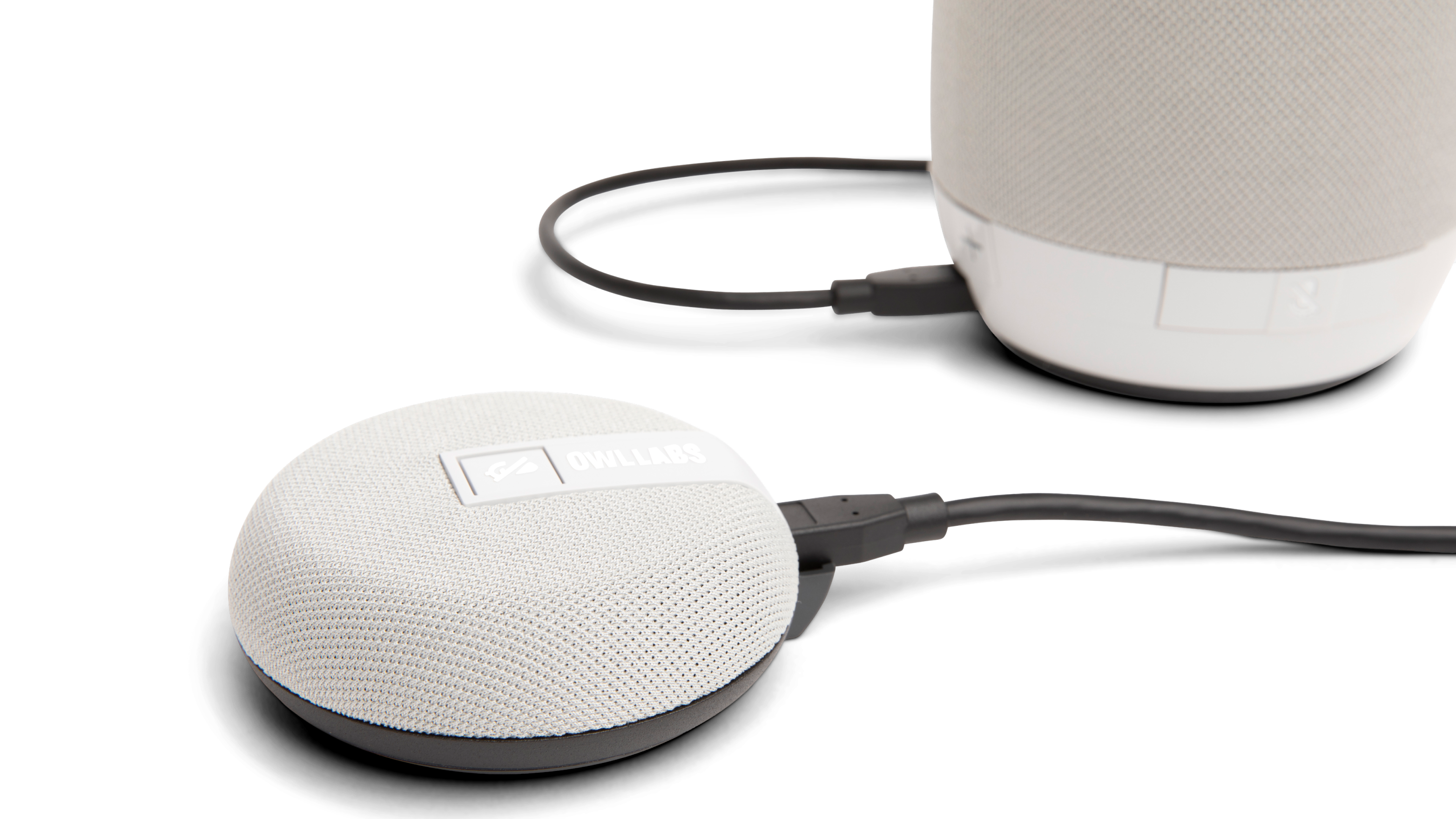 Meeting Owl 3 + Expansion Mic Bundle Zoomed In and Connected