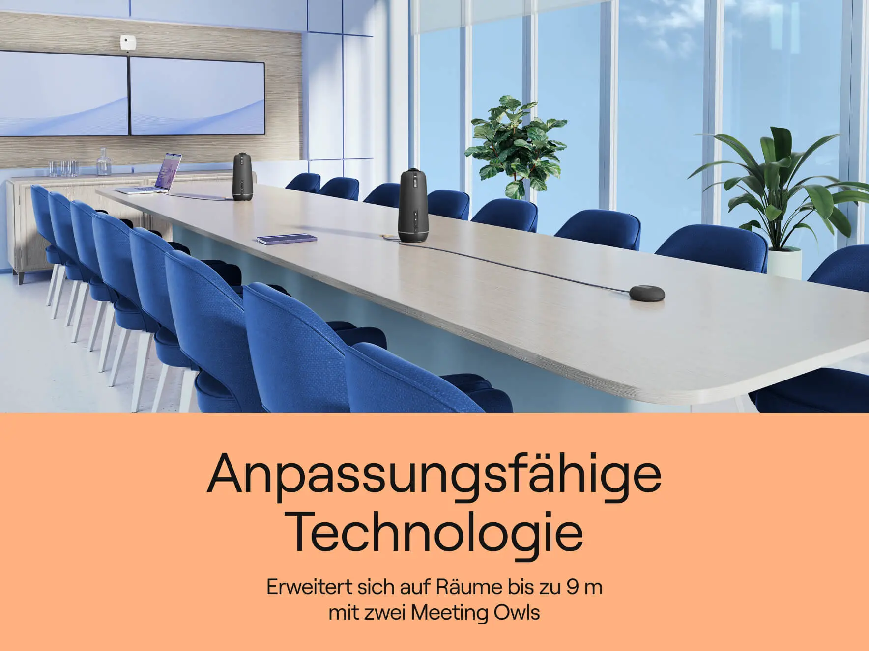 Modern conference room with two Meeting Owls to expand coverage up to 28 feet for hybrid meetings