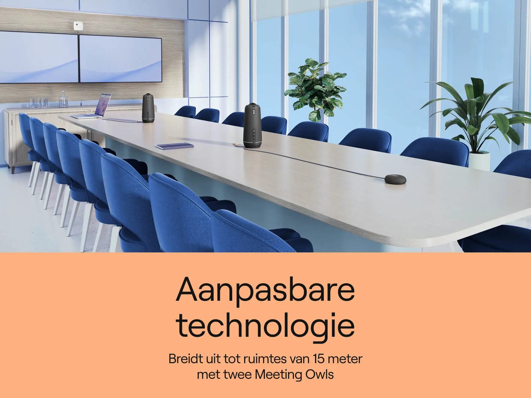 Modern conference room with two Meeting Owls to expand coverage up to 28 feet for hybrid meetings