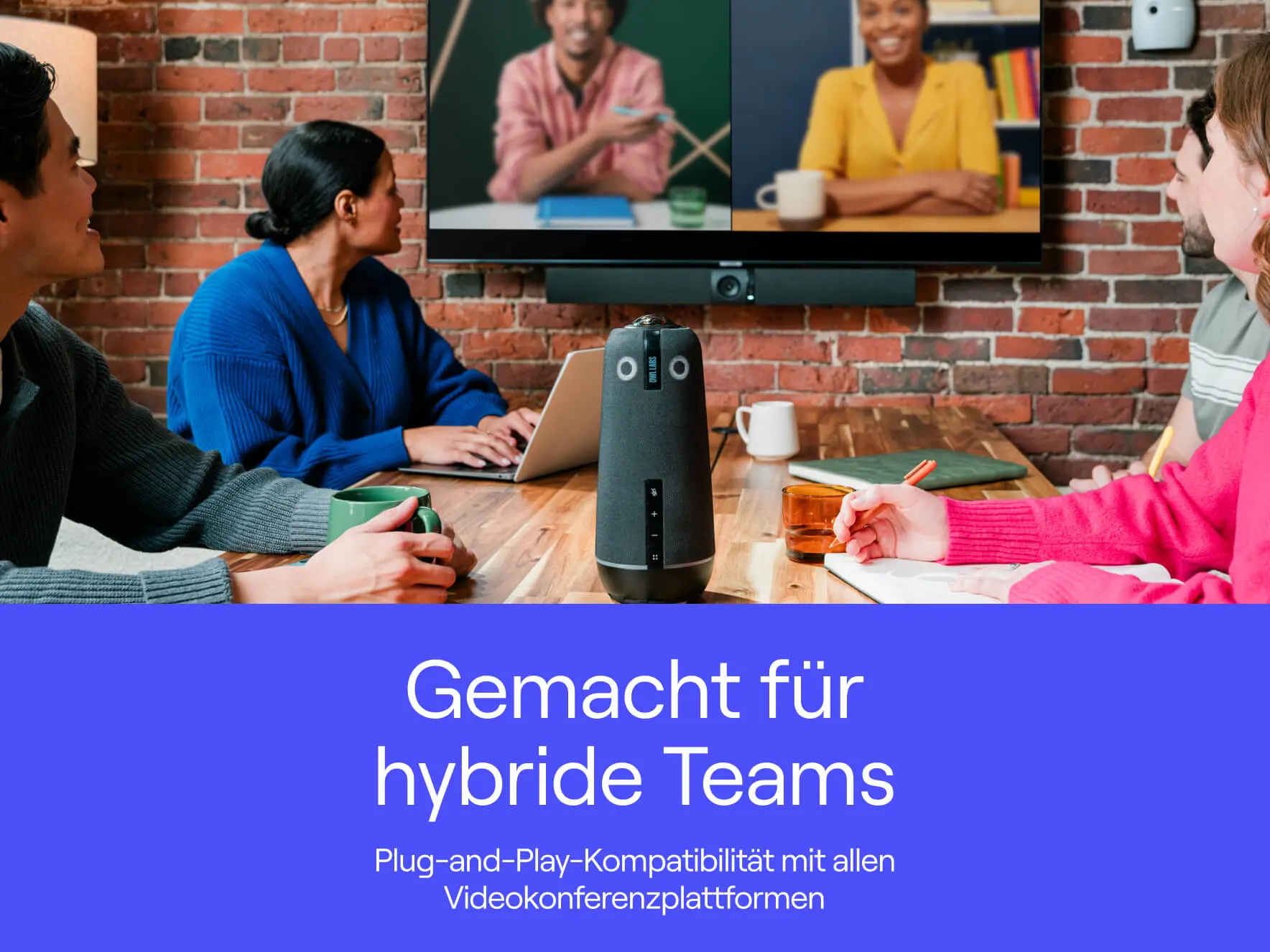 Group of professionals in a hybrid meeting using a video conferencing system with plug-and-play compatibility.