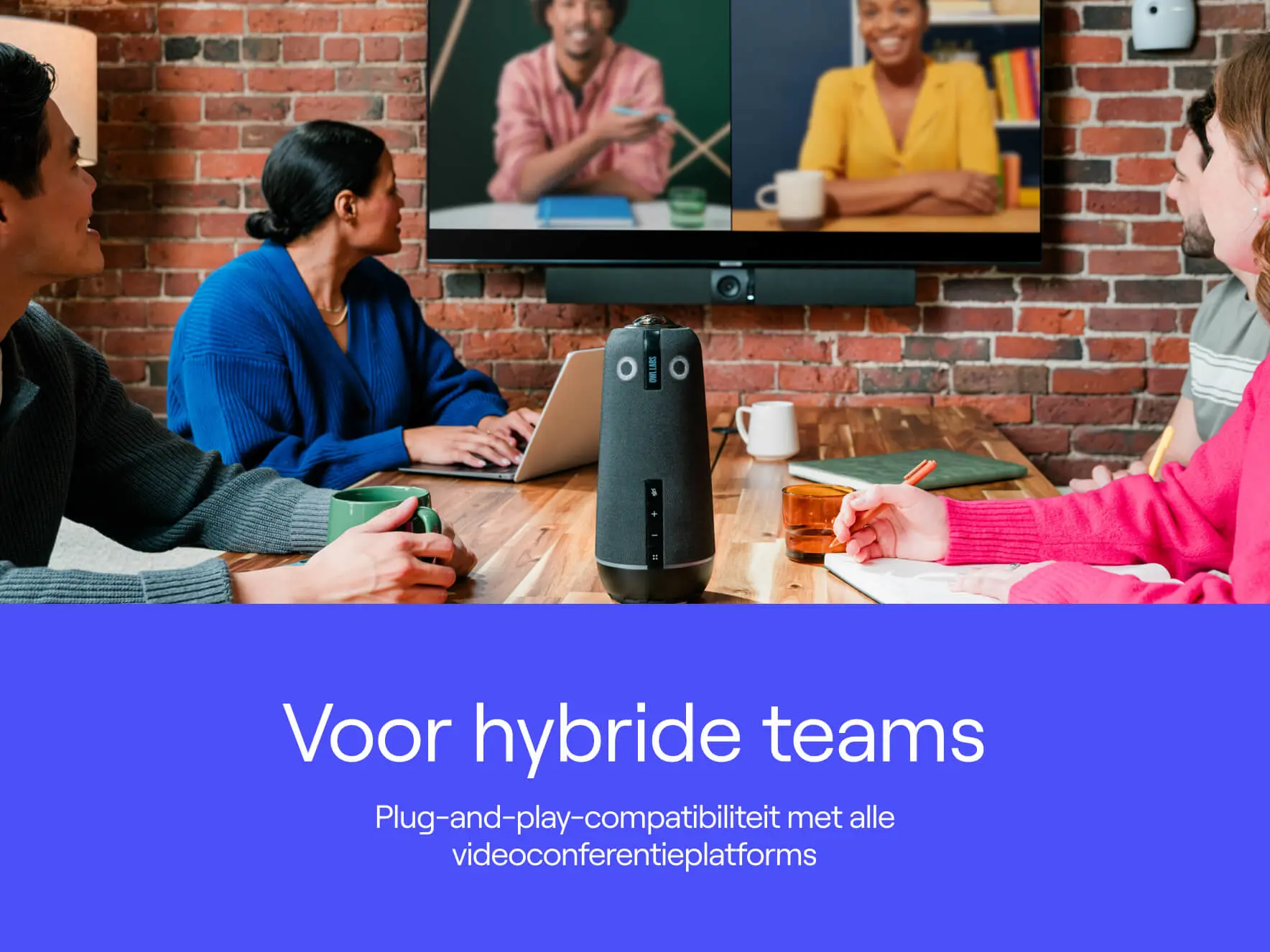 Group of professionals in a hybrid meeting using a video conferencing system with plug-and-play compatibility.