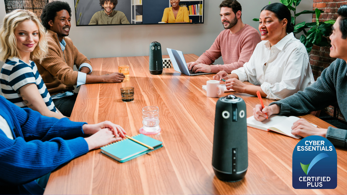 Cyber Essentials Certified Plus badge on conference room meeting Image featuring Meeting Owl 4+ 