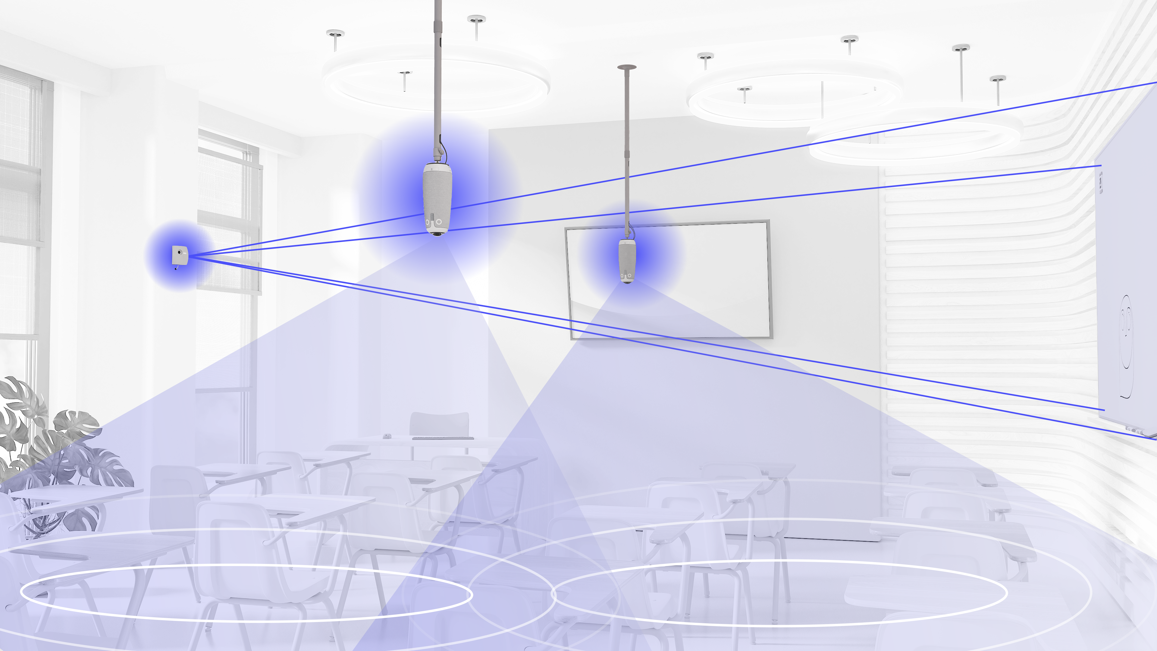 2 Meeting Owl 3s + Whiteboard Owl Camera convey classroom coverage spanning the full room and the whiteboard