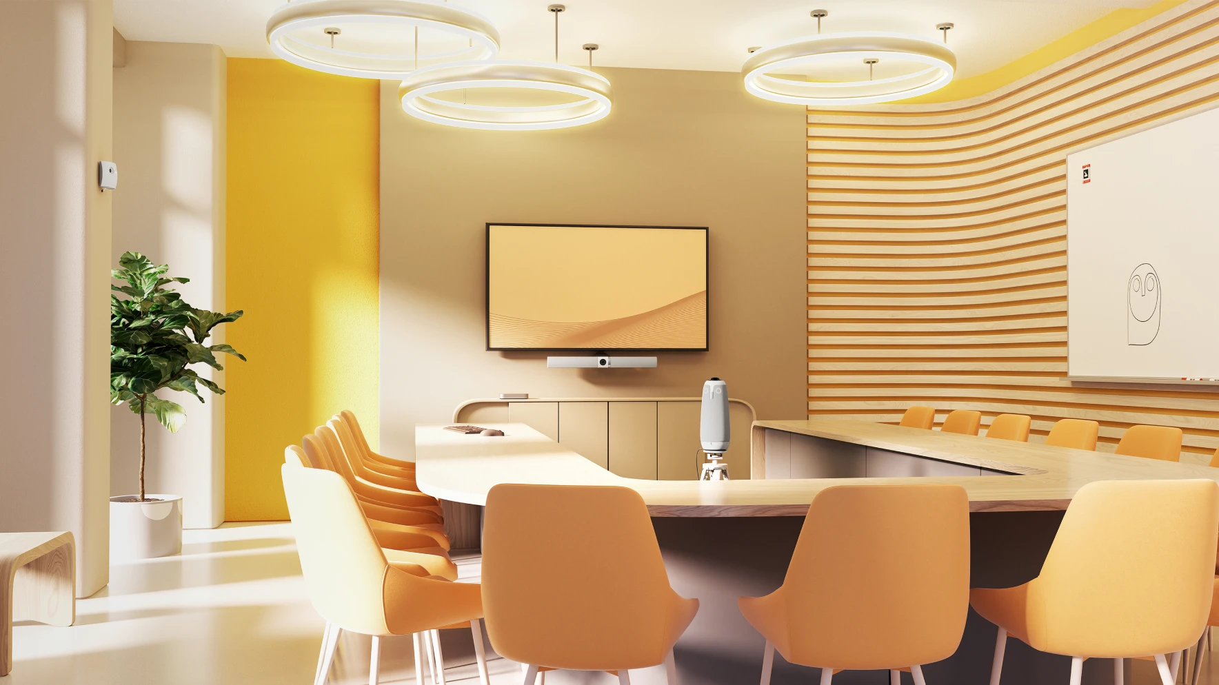 U-shaped conference table featuring Owl Labs' Whiteboard Owl