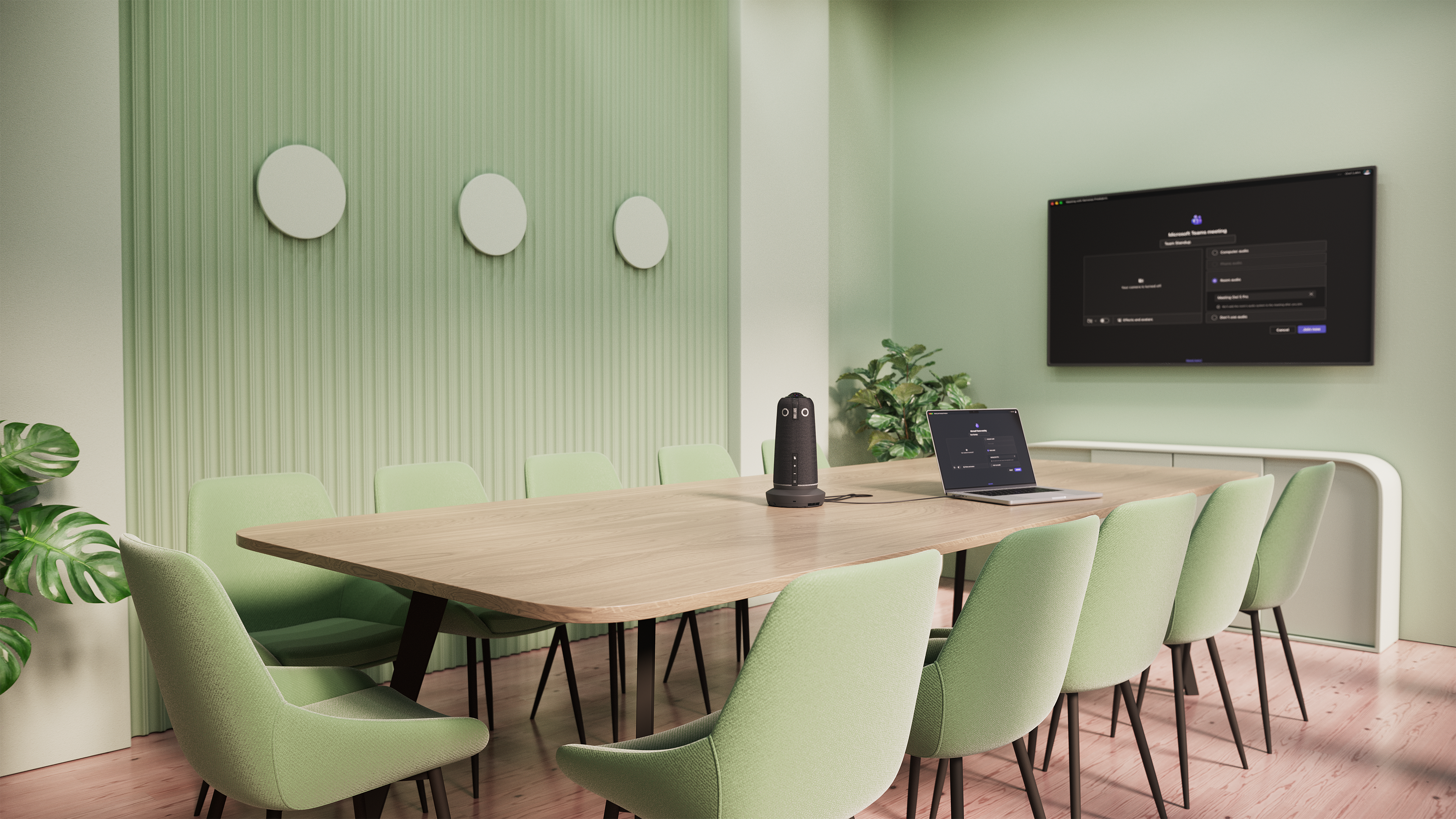 BYOD setup for Meeting Owl 5 Pro in green video conferencing room