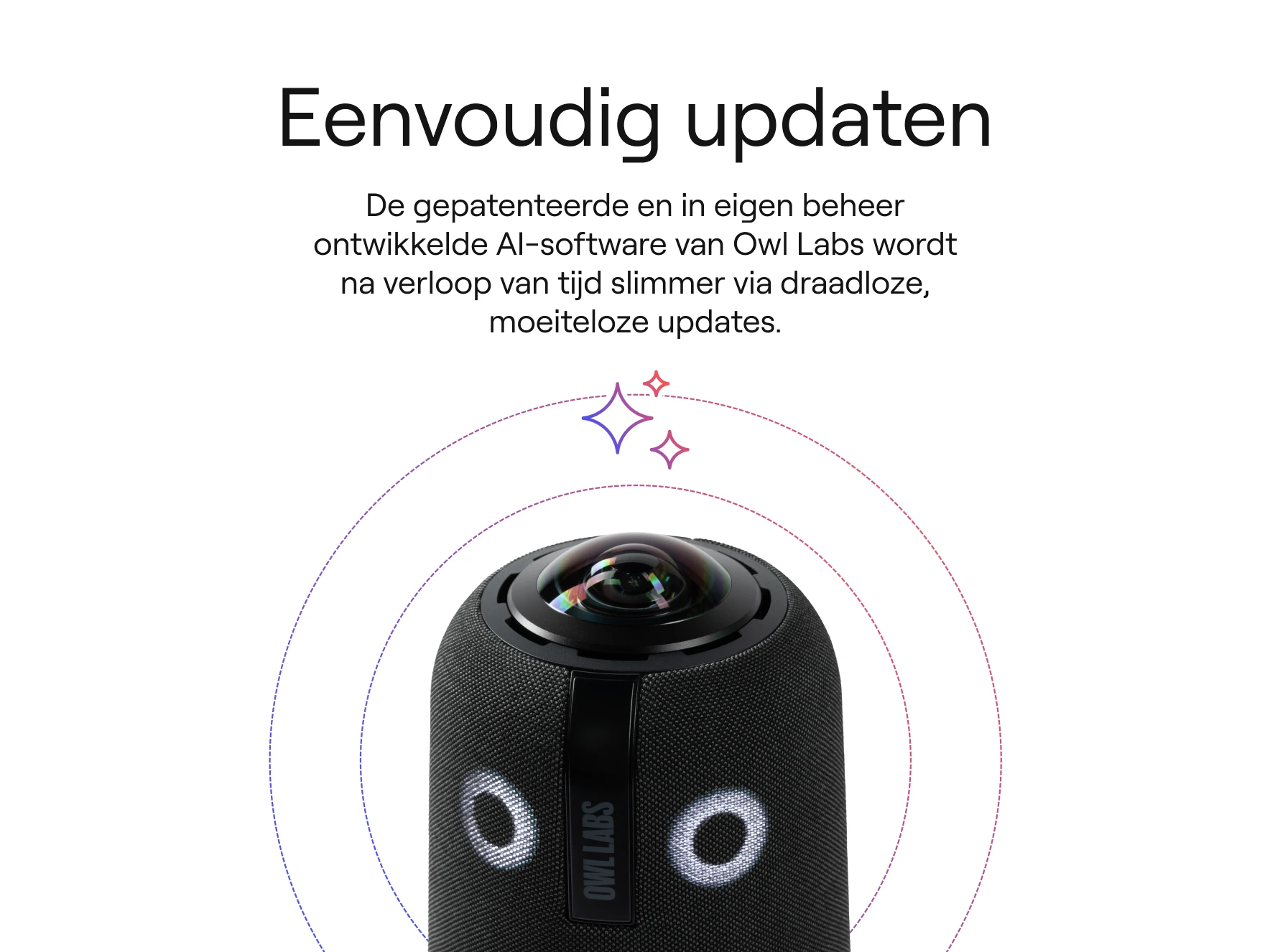 Close-up of an Owl Labs device showcasing its camera with AI-powered, wireless updates
