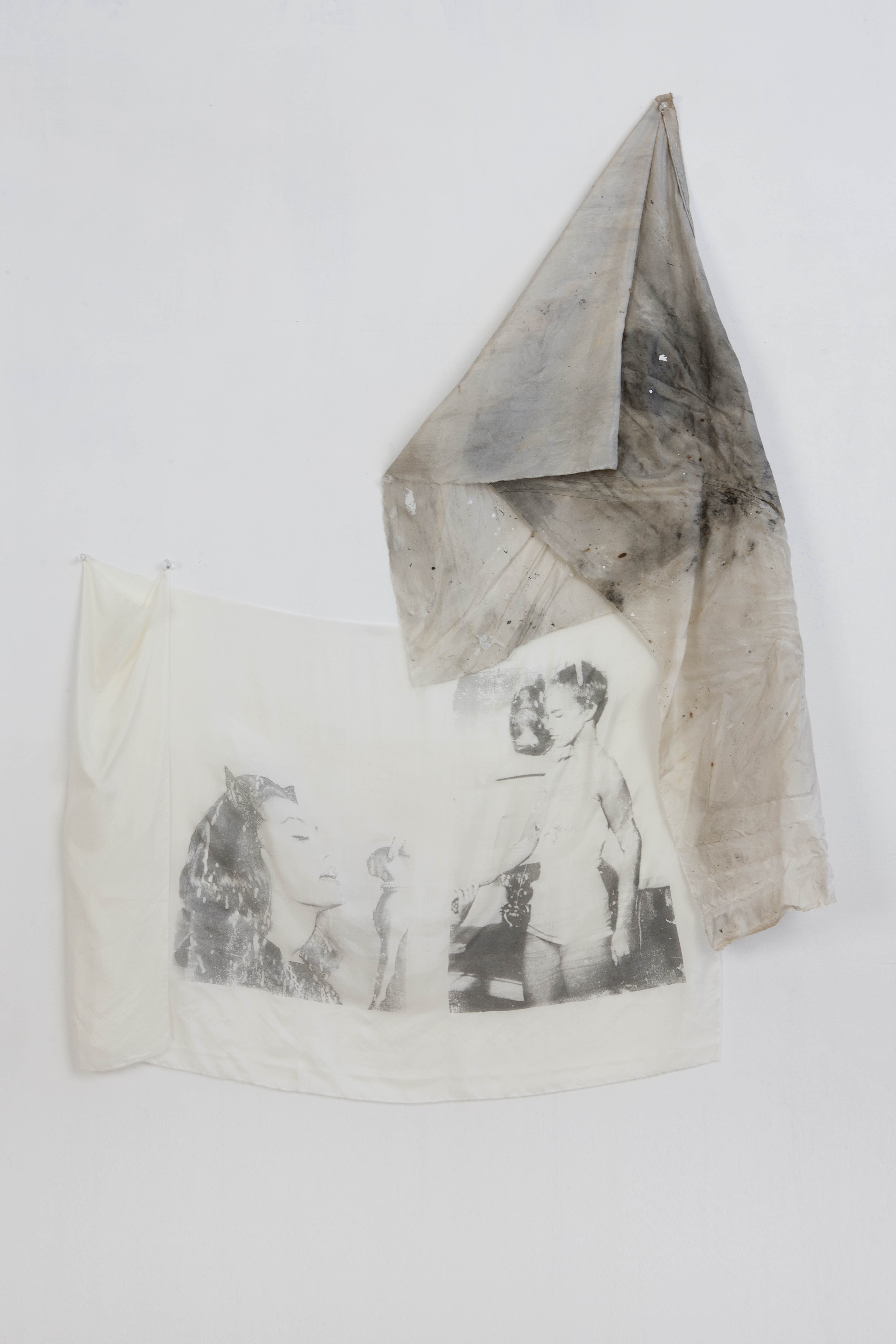 Print on fabric, black and white cat woman and Jean Seberg
