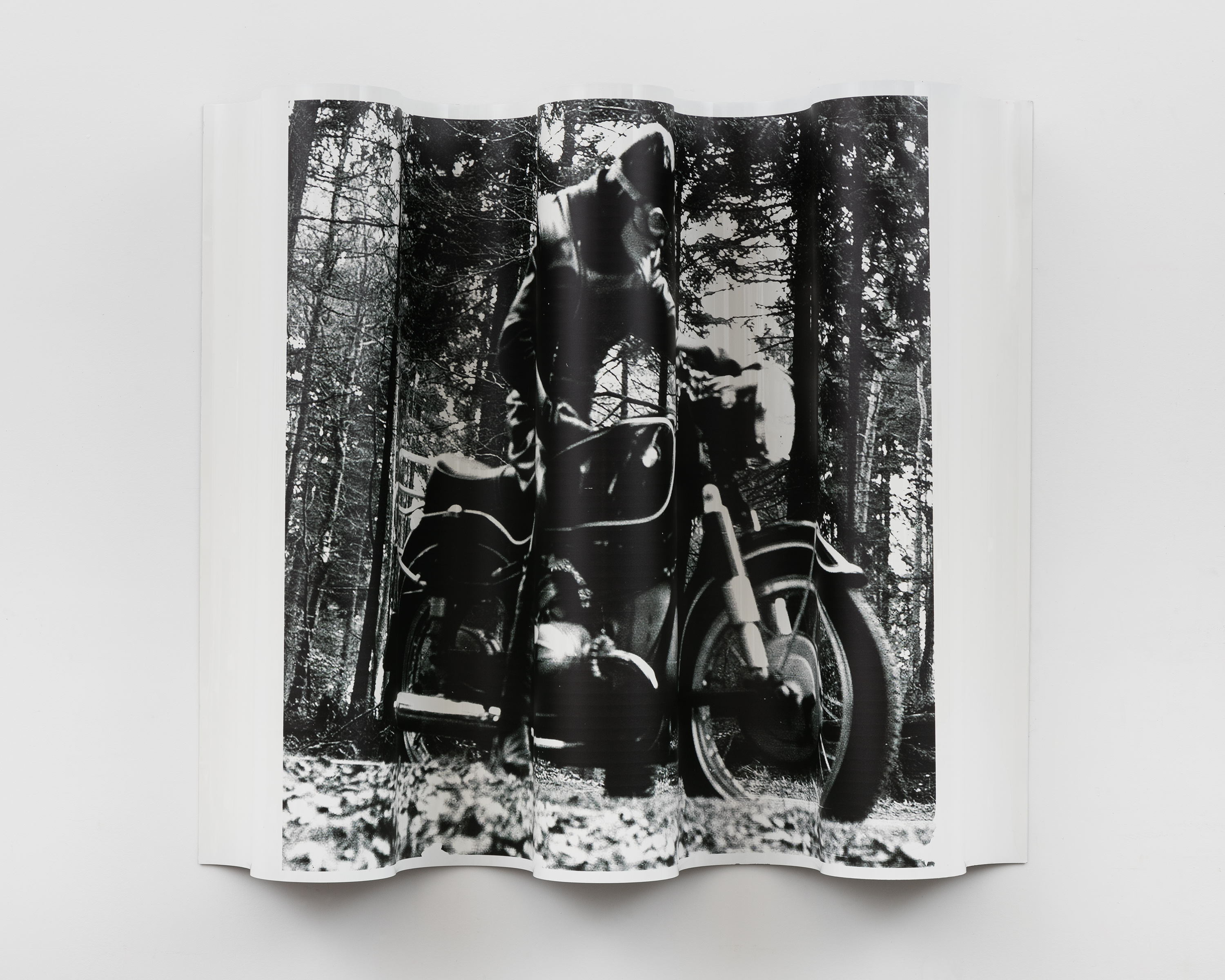 Print, motorcyclist in the woods